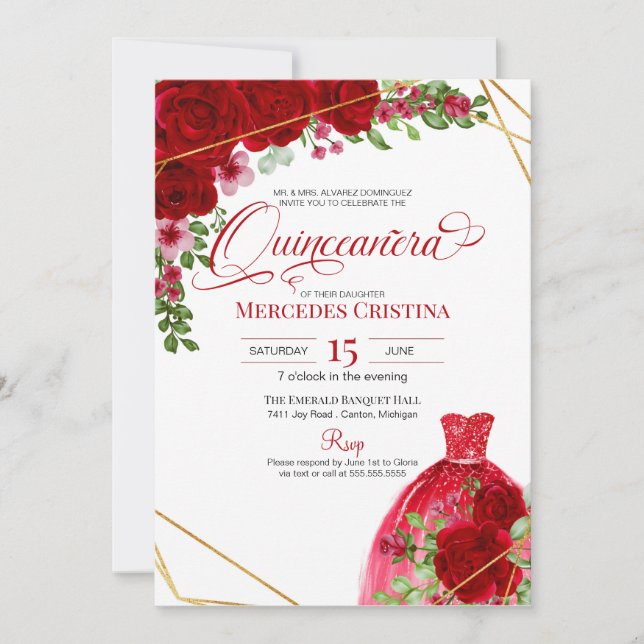 Red Roses & Glitter Dress Glamorous Quinceañera  Invitation (Front)