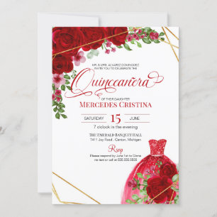 Red Roses & Glitter Dress Glamorous Quinceañera Invitation