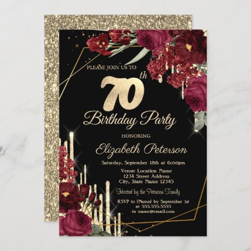 Red Roses Glitter Drips Black 70th Birthday   Invitation