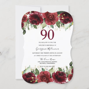 Red Roses Glitter Floral 90th Birthday Party Invitation