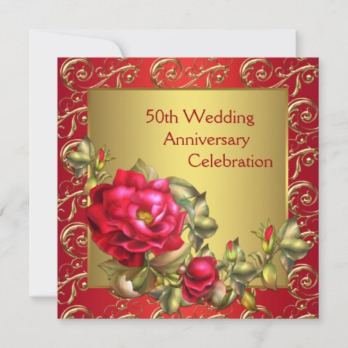 Red Roses Gold 50th Wedding Anniversary Personalized Invite