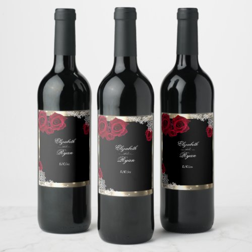 Red Roses Gold and Black Wedding Wine Label