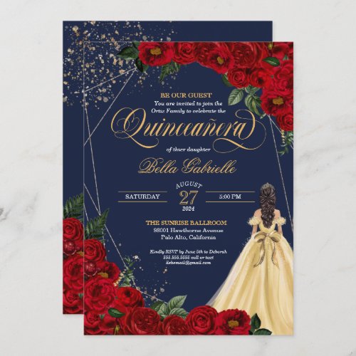 Red Roses Gold Beauty  the Beast Quinceaera Invitation