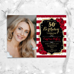 Red Roses Gold Black Photo 50th Birthday Invitation<br><div class="desc">Elegant floral feminine 50th birthday invitation with your photo. Glam black white red design with faux glitter gold. Features stripes, red roses, script font and confetti. Perfect for a stylish adult bday celebration party. Personalise with your own details. Can be customised for any age! Printed Zazzle invitations or instant download...</div>