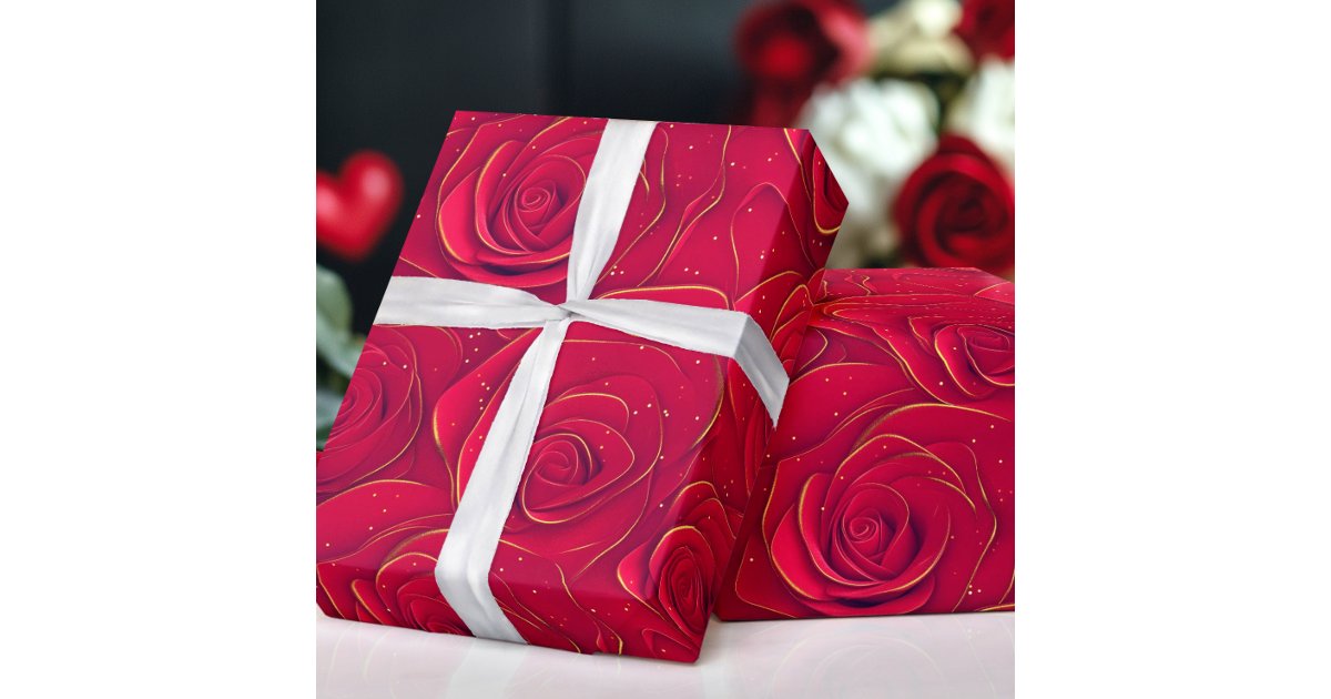 Red Roses Gold Border Romantic Valentine Wrapping Paper