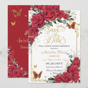 Red Roses Gold Butterflies Quinceanera Sweet 16  Save The Date
