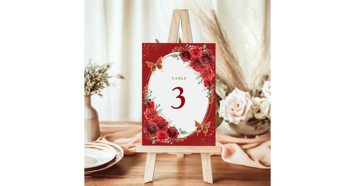 Red Roses Gold Butterfly Quinceanera 15th Birthday Table Number | Zazzle