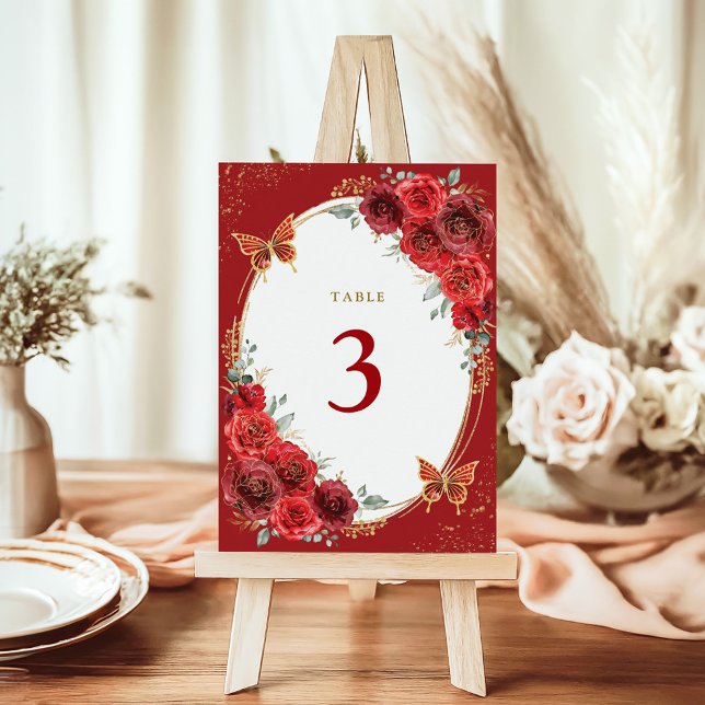 Red Roses Gold Butterfly Quinceanera 15th Birthday Table Number (Creator Uploaded)