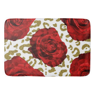 Red Roses Gold Cheetah Leopard Animal Print Bath Mat