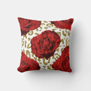 Red Roses Gold Cheetah Leopard Animal Print Throw Pillow
