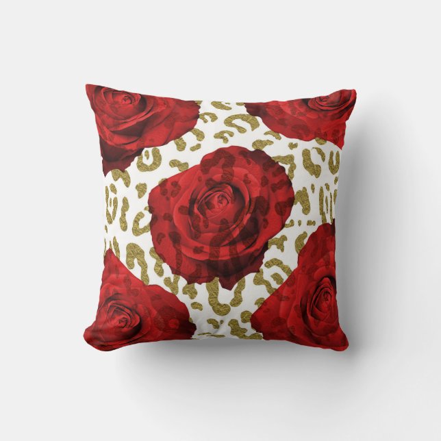 Red Roses Gold Cheetah Leopard Animal Print Throw Pillow (Front)