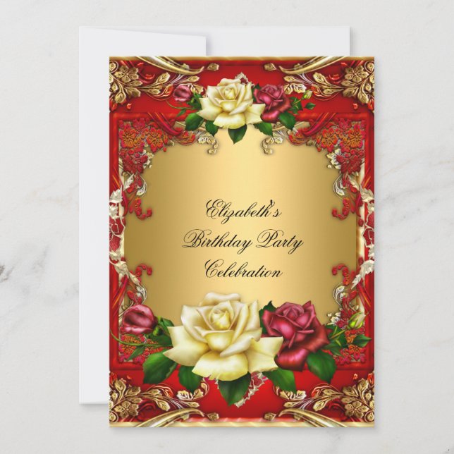 Red Roses Gold Elegant Birthday Party 3 Invitation (Front)