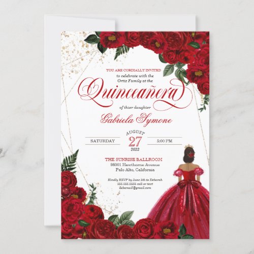 Red Roses  Gold Elegant Gown Quinceaera Invitation