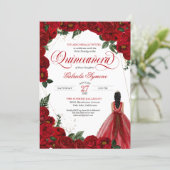 Red Roses & Gold Fancy Red Ball Gown Quinceañera I Invitation (Standing Front)