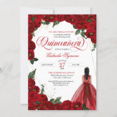 Red Roses & Gold Fancy Red Ball Gown Quinceañera I Invitation (Front)