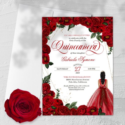 Red Roses  Gold Fancy Red Ball Gown Quinceaera I Invitation