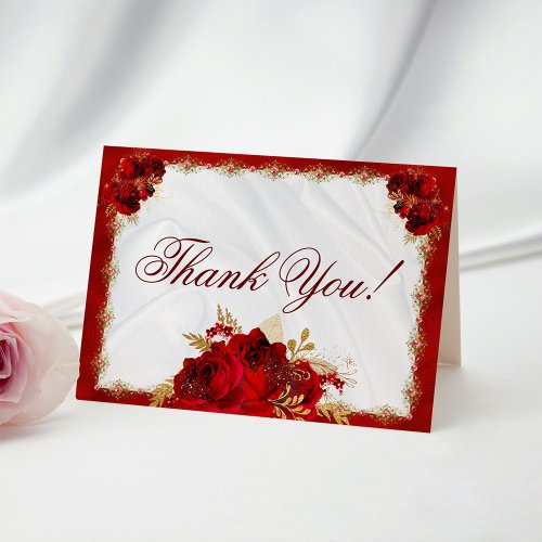 Red Roses Gold Floral Wedding Thank You