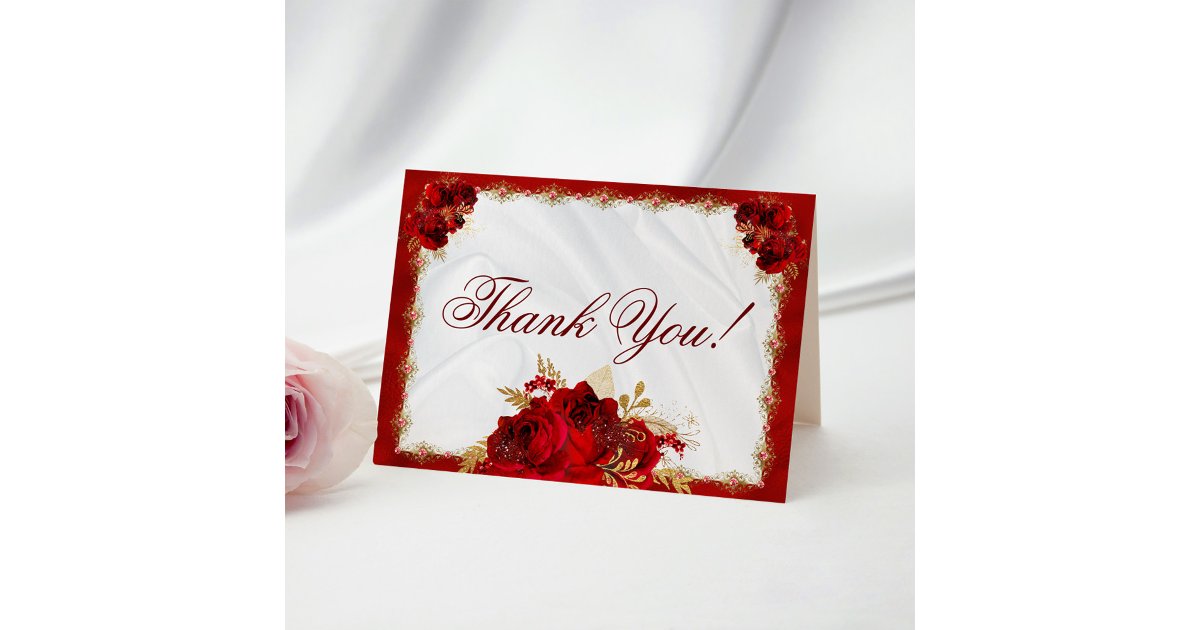 Red Roses Gold Floral Wedding Thank You Card | Zazzle