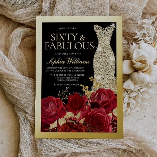 Red Roses & Gold Foil Black 60th Birthday Foil Invitation (Creator Uploaded)