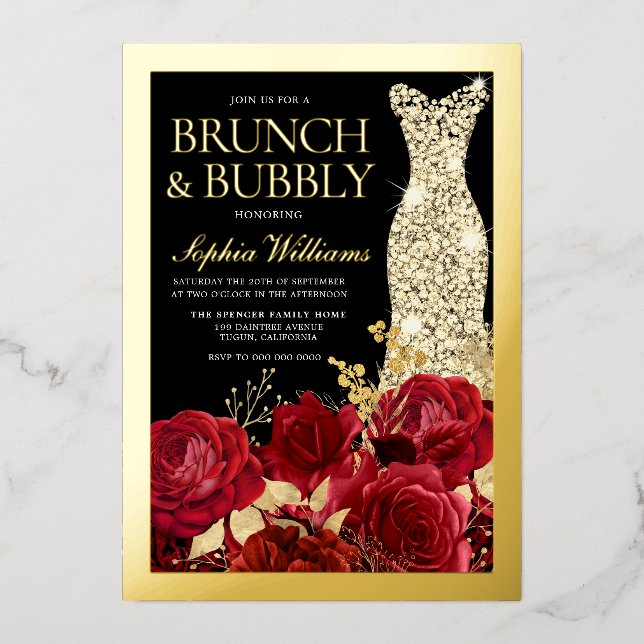 Red Roses & Gold Foil Black Bridal Shower Foil Invitation (Front)
