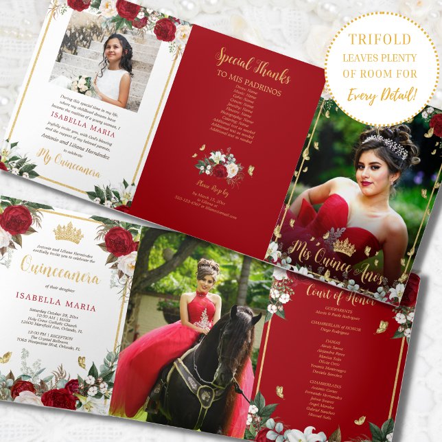 Red Roses Gold Foil Butterflies Quinceañera Tri-Fold Invitation (Creator Uploaded)