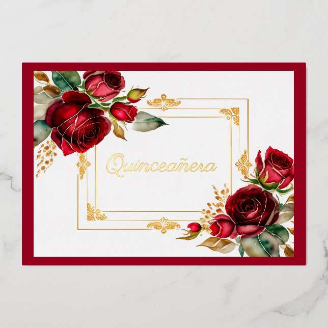 Red Roses Gold Foil Quinceañera  Foil Invitation (Front)