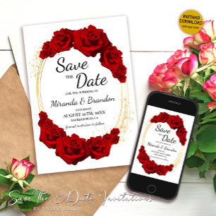 Red Roses Gold Frame Floral Wedding Save The Date Invitation