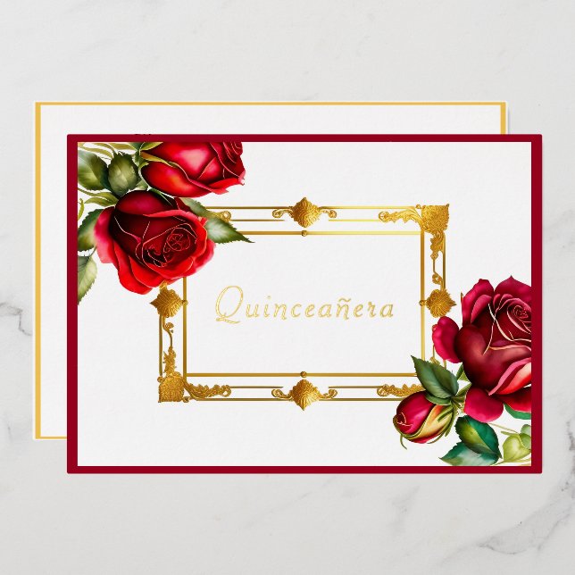 Red Roses Gold Frame Quinceañera  Foil Invitation (Front/Back)