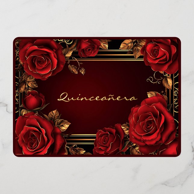 Red Roses Gold Frame Quinceañera  Foil Invitation (Front)