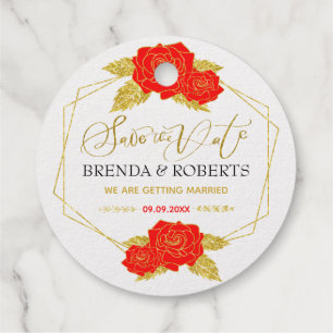 Red roses gold frame Save-the-date typography Foil Favor Tags