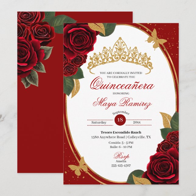 Red Roses Gold Glitter Butterfly Quinceañera  Invitation (Front/Back)