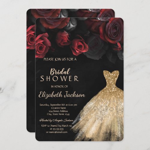 Red Roses Gold Glitter Dress Bridal Shower Invitation