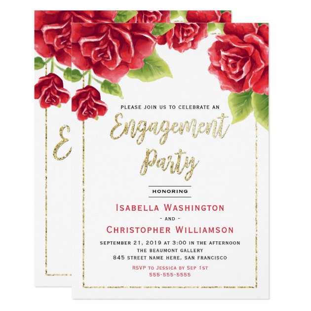 Red Roses & Gold Glitter Engagement Party Invitation