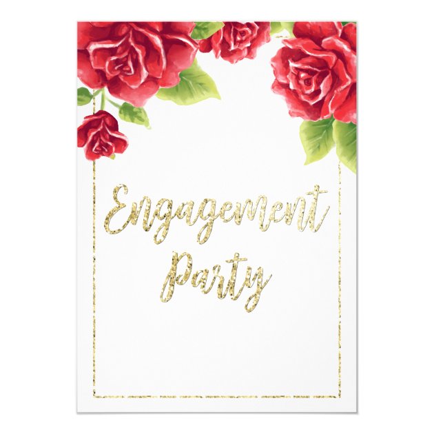 Red Roses & Gold Glitter Engagement Party Invitation