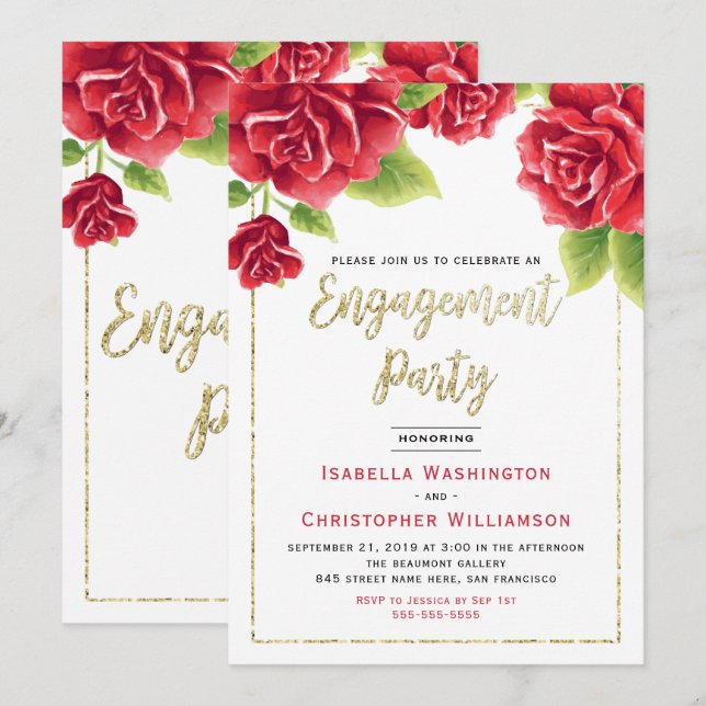 Red Roses & Gold Glitter Engagement Party Invitation (Front/Back)