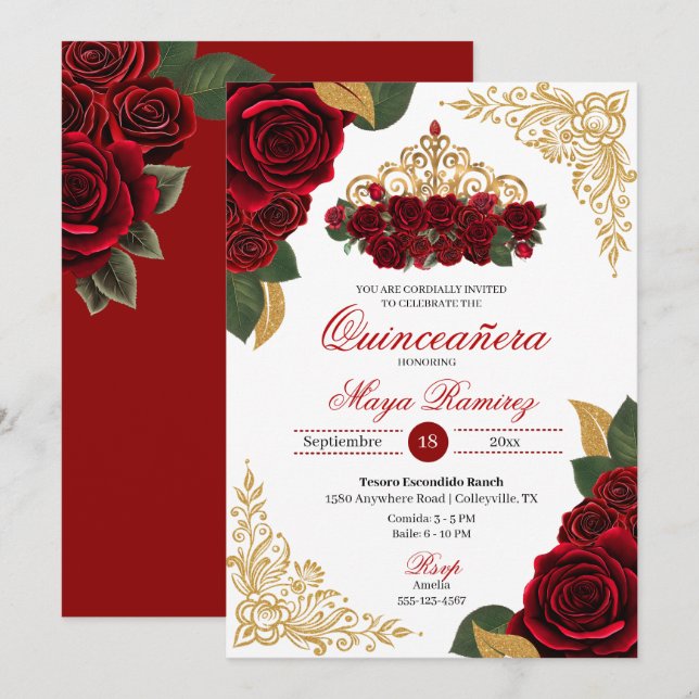 Red Roses Gold Glitter Frames Tiara Quinceañera  Invitation (Front/Back)