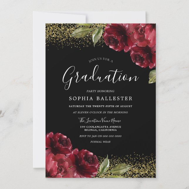 Red Roses Gold Glitter Graduation Party Invitation (Front)