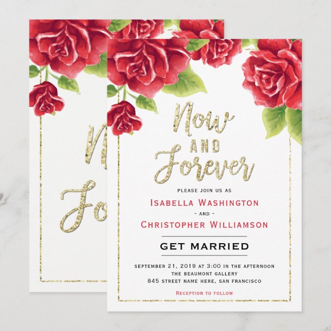 Red Roses & Gold Glitter Now and Forever Wedding Invitation (Front/Back)