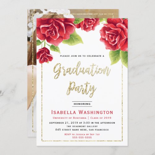 Red Roses  Gold Glitter Photo Graduation Party Invitation