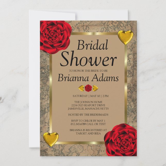 Red Roses & Gold Hearts Bridal Shower Invitations (Front)