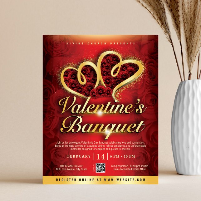 Red Roses & Gold Hearts Valentine's Banquet Flyer (Creator Uploaded)