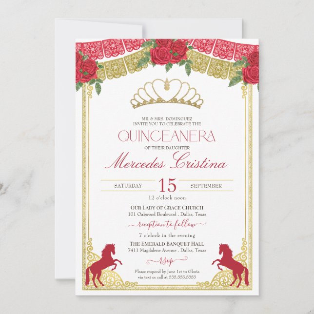 Red Roses & Gold Horses Western Charro Quince Invitation (Front)