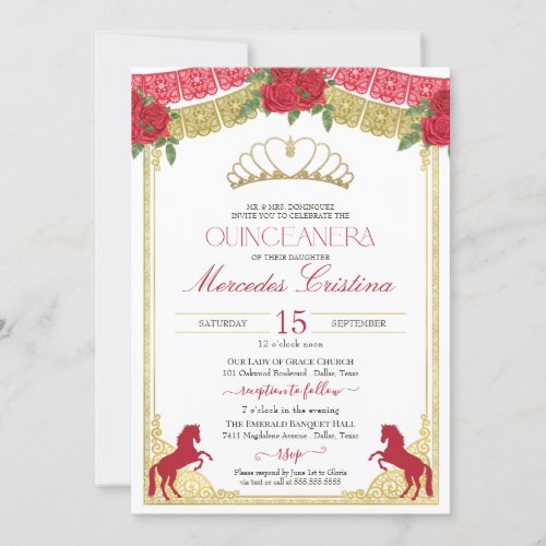 Red Roses  Gold Horses Western Charro Quince Invitation