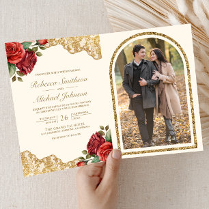 Red Roses Gold Lace Cream QR Code Photo Wedding Invitation