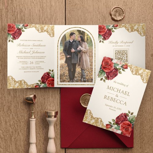 Red Roses Gold Lace Cream QR Code Photo Wedding Tri_Fold Invitation