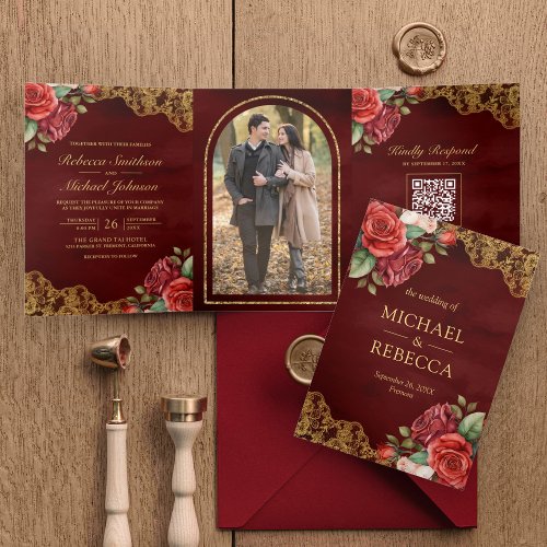 Red Roses Gold Lace Maroon QR Code Photo Wedding Tri_Fold Invitation