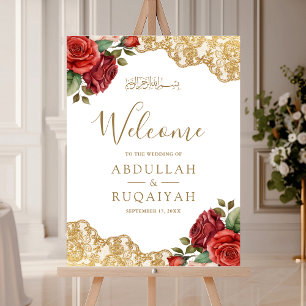 Red Roses Gold Lace Muslim Wedding Welcome Sign