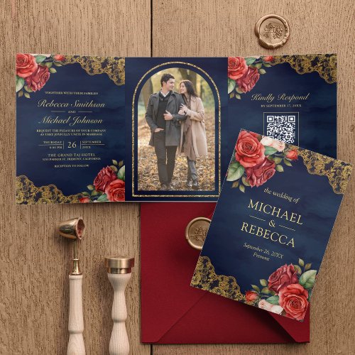 Red Roses Gold Lace Navy QR Code Photo Wedding Tri_Fold Invitation