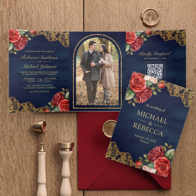 Red Roses Gold Lace Navy QR Code Photo Wedding Tri-Fold Invitation (Creator Uploaded)