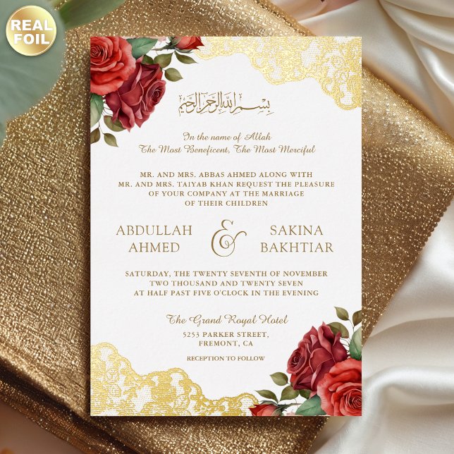 Red Roses Gold Lace QR Code Muslim Wedding Foil Invitation (Creator Uploaded)